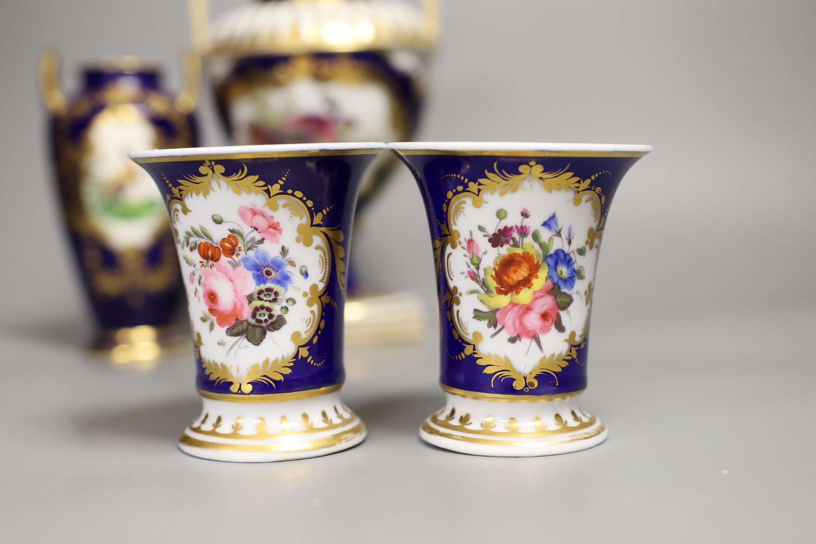 A selection of English china, to include a pair of Chamberlains Worcester spill vases, a Spode two handled vase, a Minton vase and a Derby dish, tallest 23cm, (5)